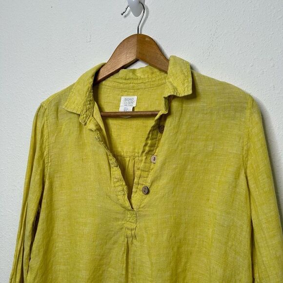 Sigrid Olsen Women’s Yellow Linen Roll Tab Long Sleeve V Neck Top Size S - Picture 2 of 9